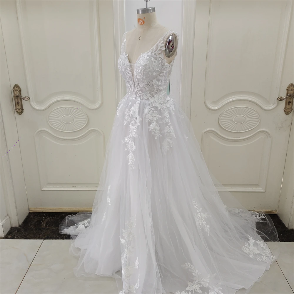 ZJ6002 Customized Boho V-neck Wedding Dresses Spaghetti Straps Appliques Corset Beach Tulle Bridal Gown Lace Floor Length 4