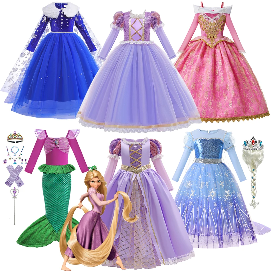 

Disney Rapunzel Girl Dress Fancy Frozen1/2 Elsa Cosplay Costume Children Halloween Party Gowns Clothes for 2 to 10 Year Old Kids