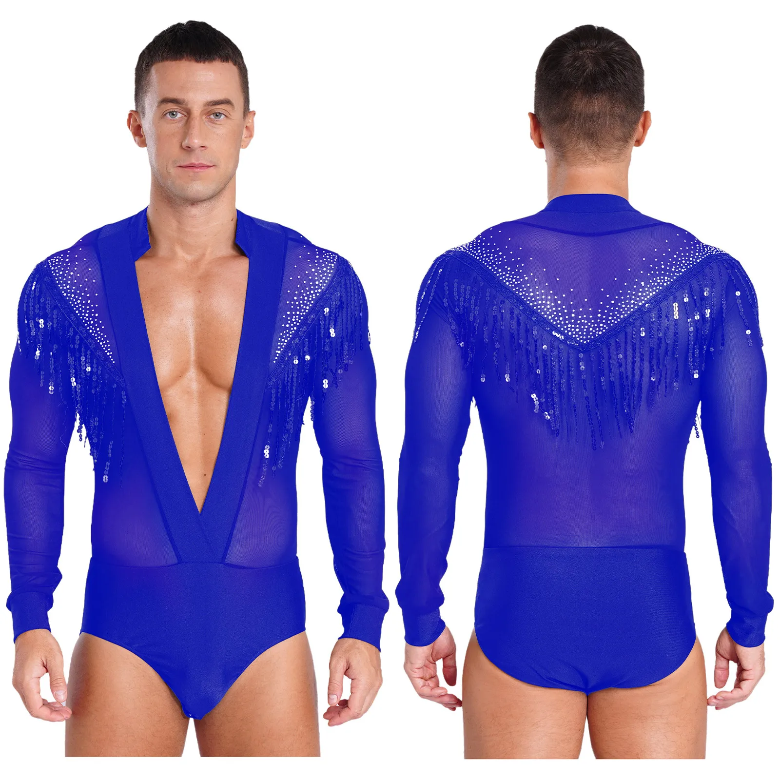Leotardo de baile latino Tango para hombre, cuello en V profundo, malla transparente, borlas con lentejuelas, traje con diamantes de imitación, traje de competición para baile Salsa