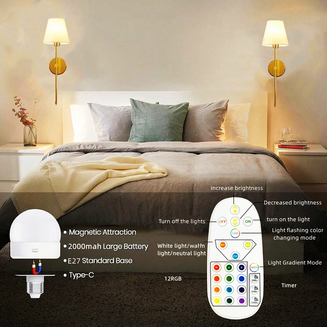 Wireless battery powered wall lamp rechargeable wall lamp dimmable detachable bulb remote control 10 color wireless wall lamp 6