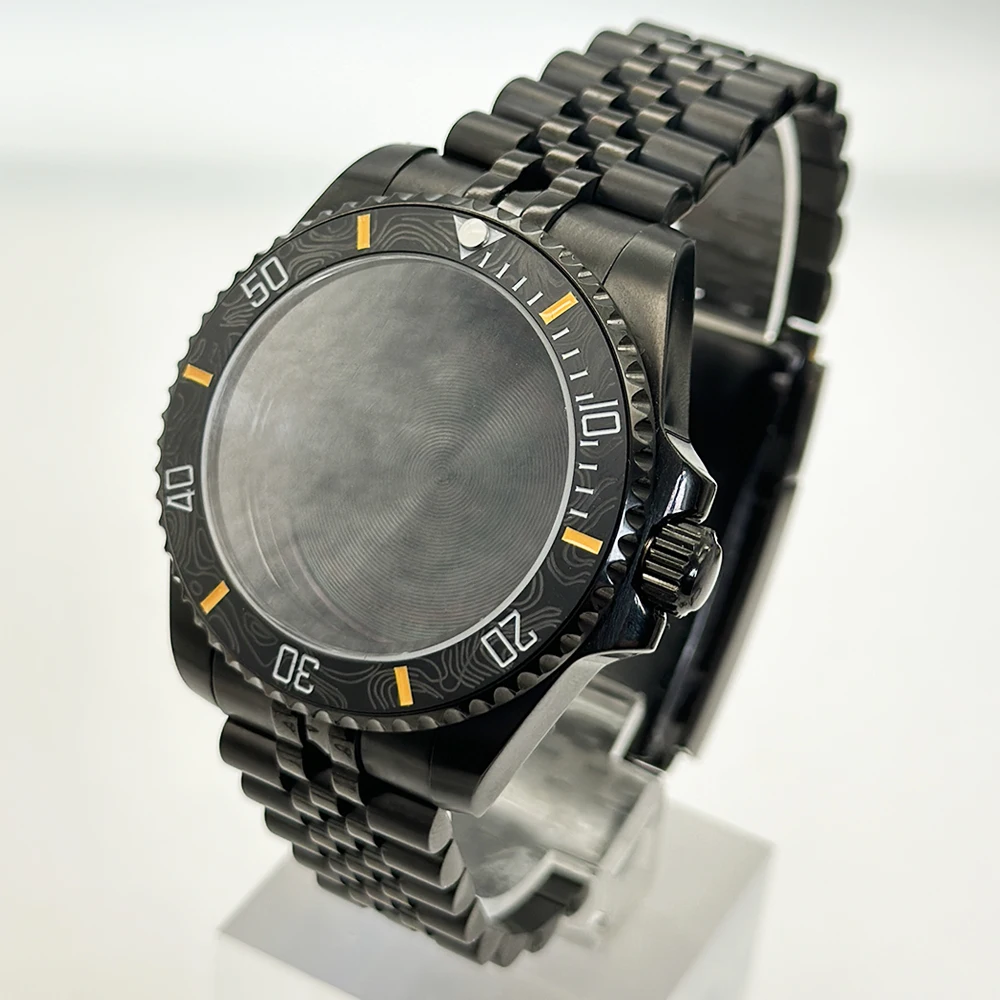 Sleek Black Watch Case with Carbon Fiber Bezel and Sapphire Mirror