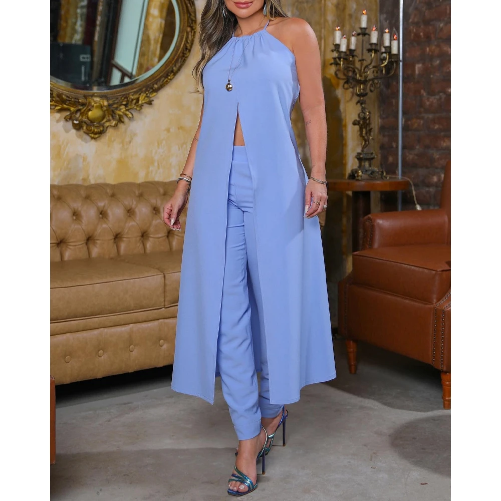 

Summer Women High Slit Longline Halter Top Pants Set Fashion Femme Sleeveless Solid Casual Two Pieces Outfits Robe Clothing