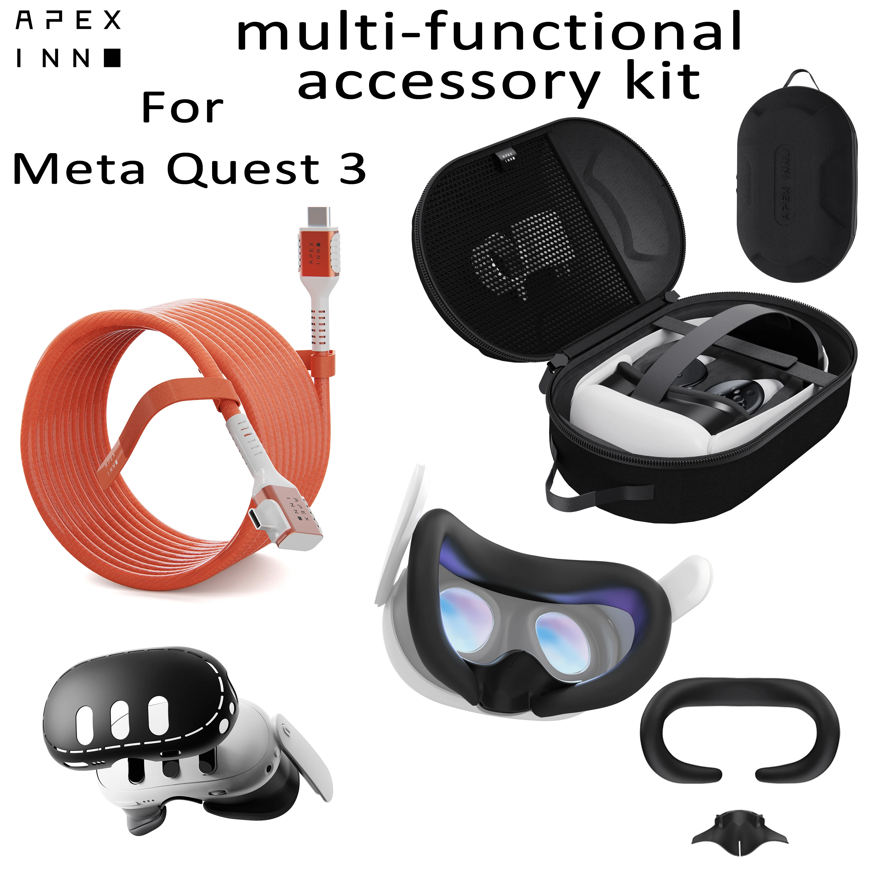 

APEXINNO For Meta Quest 3 VR Storage Case Link cable Silicone Face mask Nose pad Shell Cover For Quest 3 VR Accessories Set
