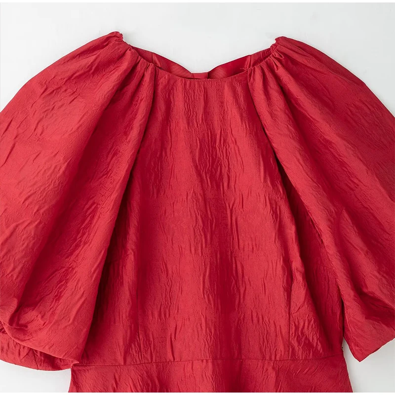 Minivestido retro con cordones en la espalda lisa para mujer, elegante, holgado, de manga corta abullonada, con cuello redondo, para fiesta navideña, ropa de calle