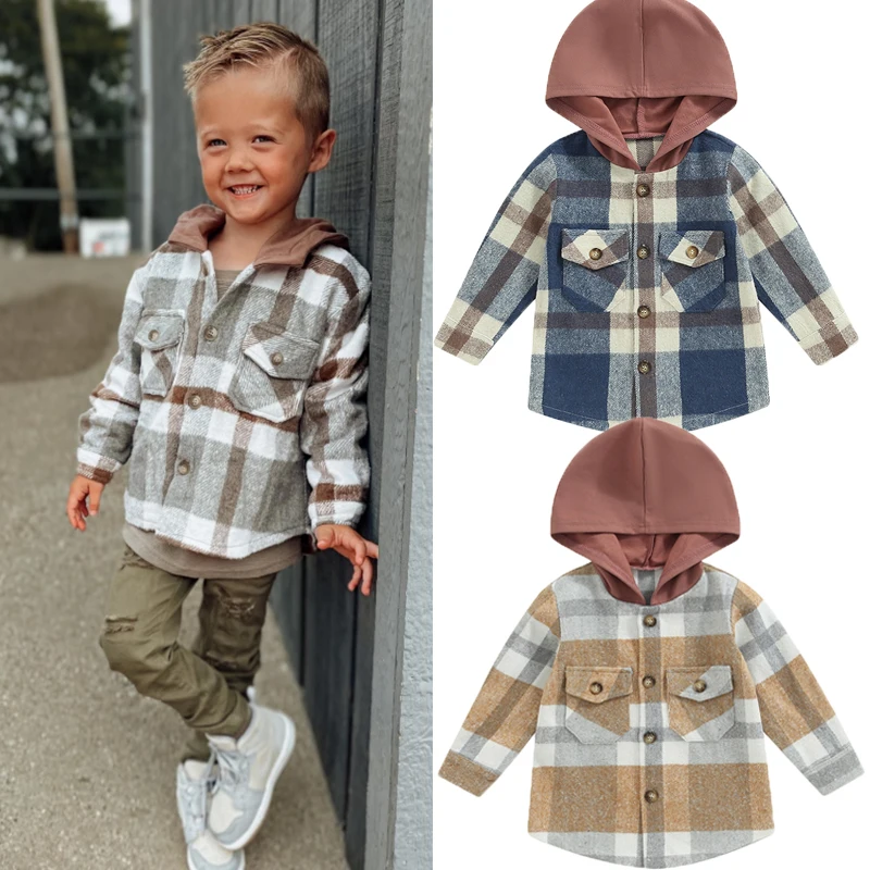 FOCUSNORM 3 Colors Autumn Kids Boys Causal Shirts Jacket Outwear 1-6Y Plaid Patchwork Long Sleeve Single Breasted Hooded Coats