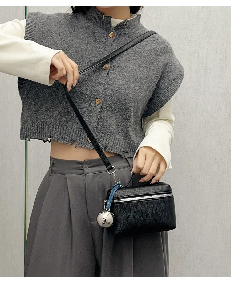 Classic Black Square Handbags for Women Autumn New Versatile Small Single Shoulder Crossbody Bags with Elegant Ball Pendant