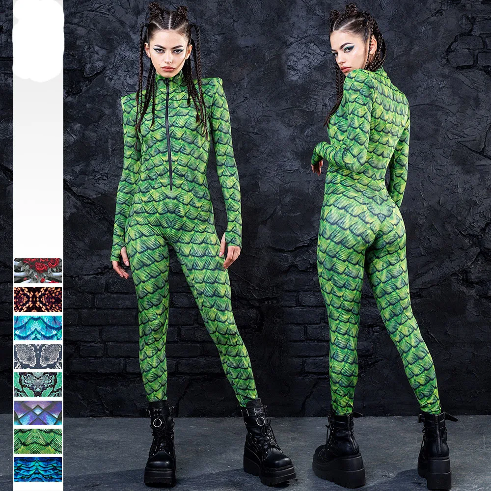 Ladies Snake Pattern Peafowl 3D Jumpsuit Catsuit Fish Scale Sexy Women ...