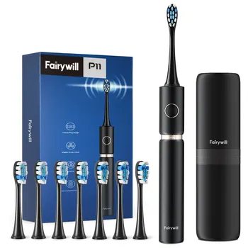 Fairywill 충전식 소닉 미백 전동 칫솔, USB 충전기, 초강력 방수, 헤드 8 개, 여행 케이스 1 개, P11