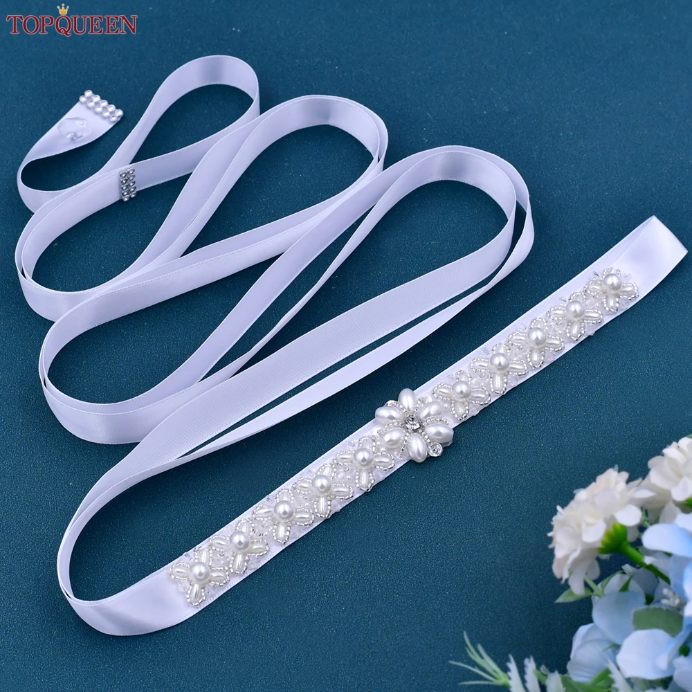 

TOPQUEEN S155 Wedding Dress Belt Pearls Crystal Applique Bridal Evening Party Prom Gown Decoation Women Accessories Ribbon Sash