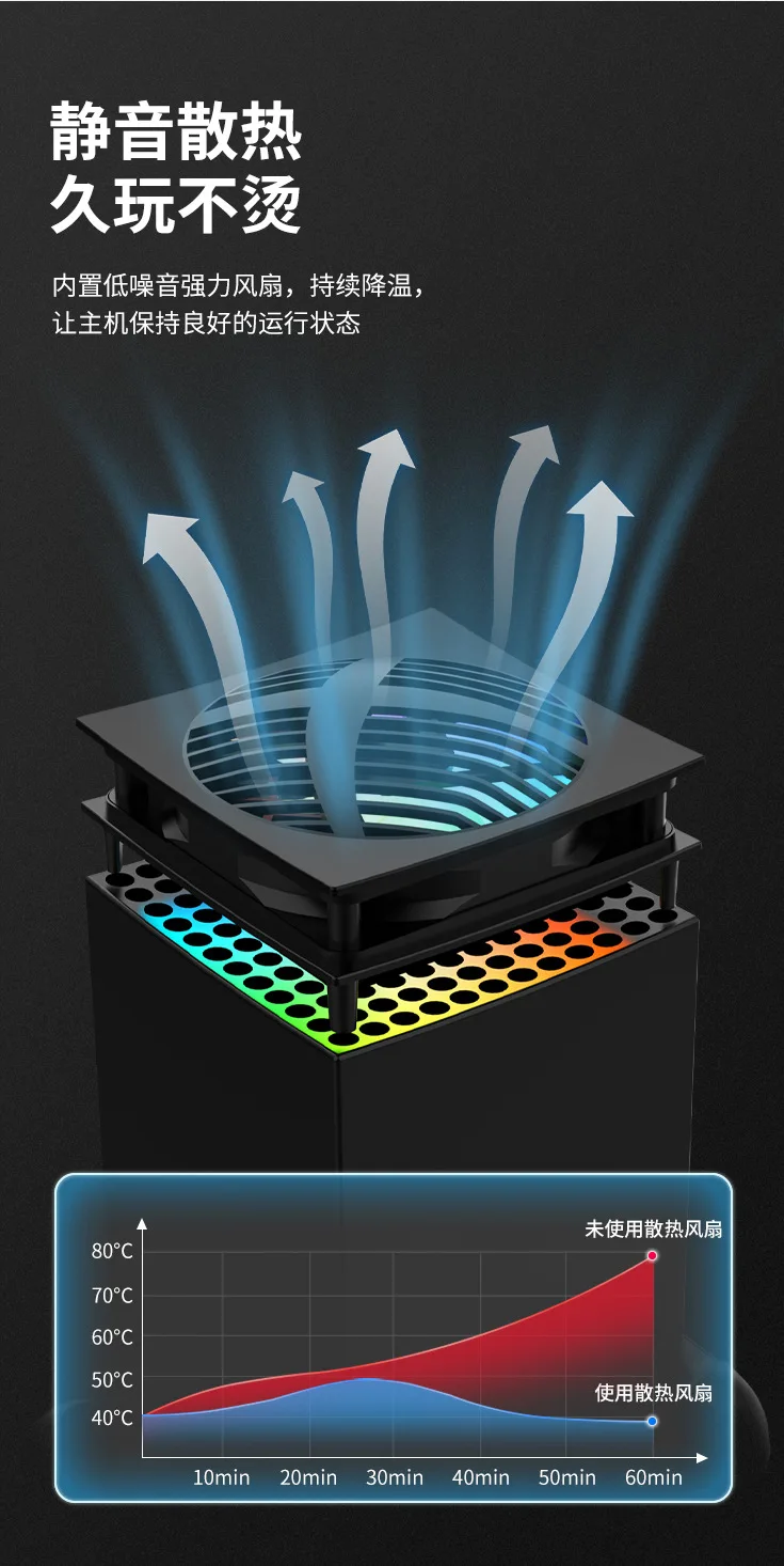 HBX-608 for Xbox Series X console multifunctional charging dock+top mounted cooling fan base RGB color light disc storage rack