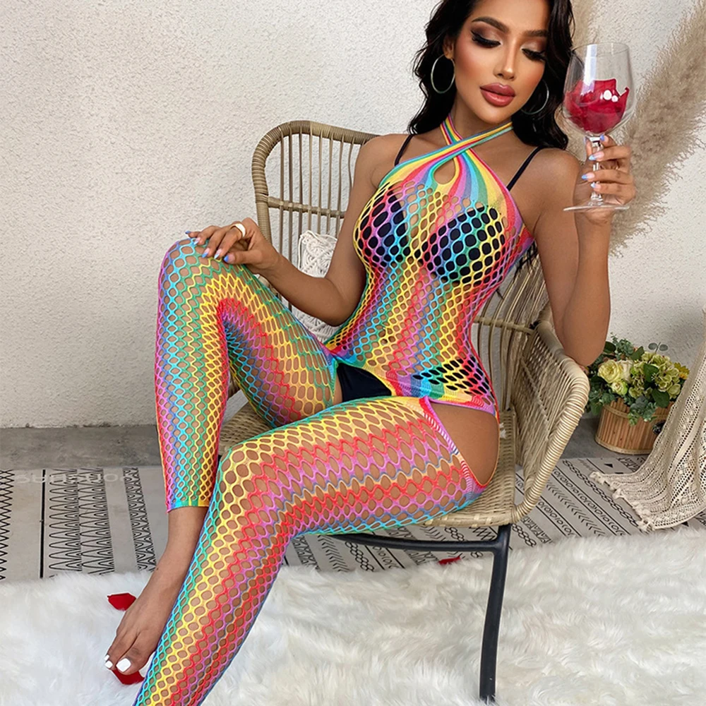 Women Underwear Sexy Lingerie Rainbow Fishnet Body Stockings Lingerie Open Crotch Underwear Suspender Babydoll Mesh Tight