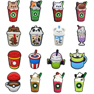 1-16pcs Drinking Coffee PVC Shoe Charms Boba Bubble Tea Shoes Decorations for Clog Shoes Beer Garden Sandal Accessories