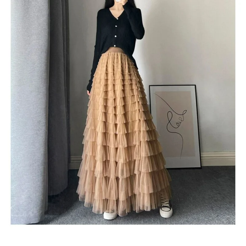 

Fairy Heavy Industry Net Yarn Cake Long Skirt Female Spring Autumn Ankle Design Sense Niche Flattering Wide Hem Skirts Woman