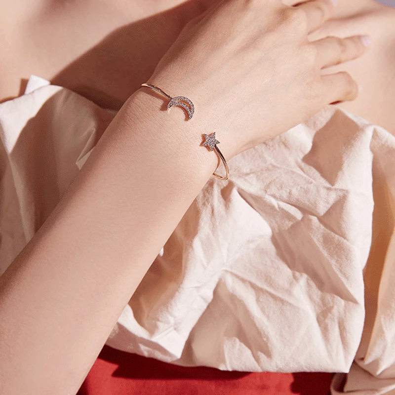 Star Moon Open Cuff Bracelet Accessories Gold Color Copper Micro Pave Zirconia Geometry Bangle for Women Men Fashion Jewelry