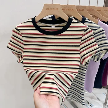 AOSSVIAO 2025 سليم صالح تي شيرتات قصيرة الاكمام المرأة موضة الكورية نمط س الرقبة كتلة اللون مخطط علوي الصيف مثير القمم 2