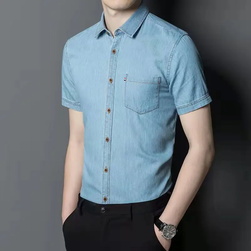 Summer Korean Version Simple Solid Color Fashionable Flip Collar Slim Fit Versatile Retro British Style Denim Shirt for Men