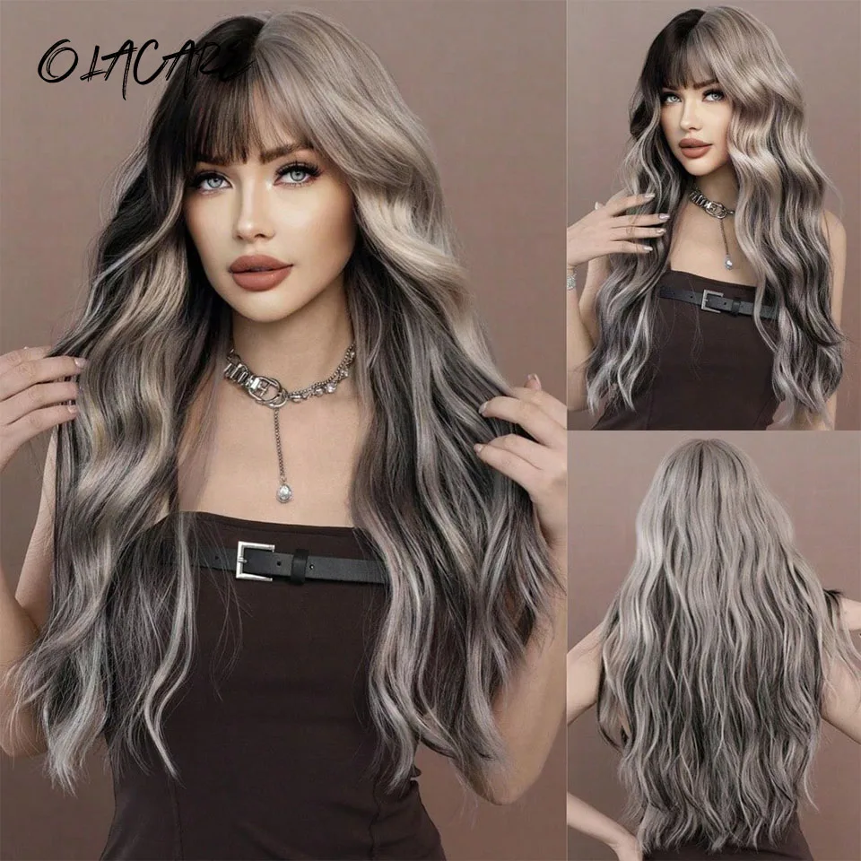 Wavy Ash Hair Wig with Bangs for Women Daily Party