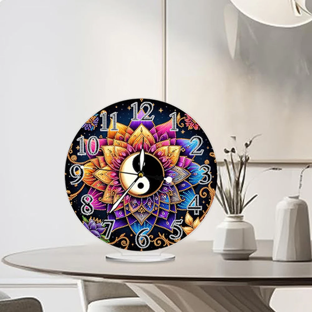 Yin Yang Lotus 2D Flat Acrylic DIY Diamond Painting Clock Kit Diamond Art Clock