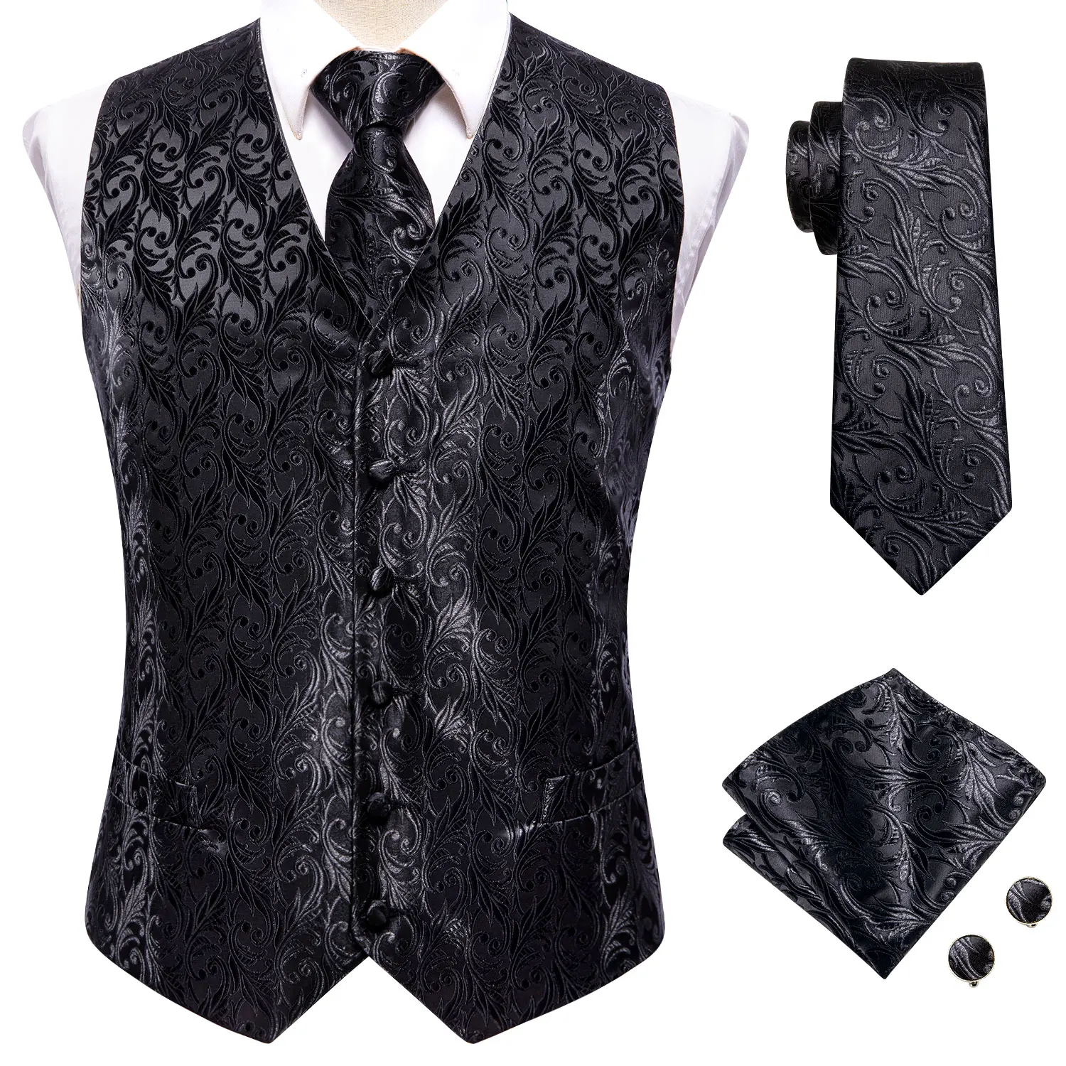 Hi-Tie Black Silk Mens Shirt Vest Tie Hankerchief Cufflinks Jacquard Paisley Floral Male Blouse Waistcoat Designer Wedding Party