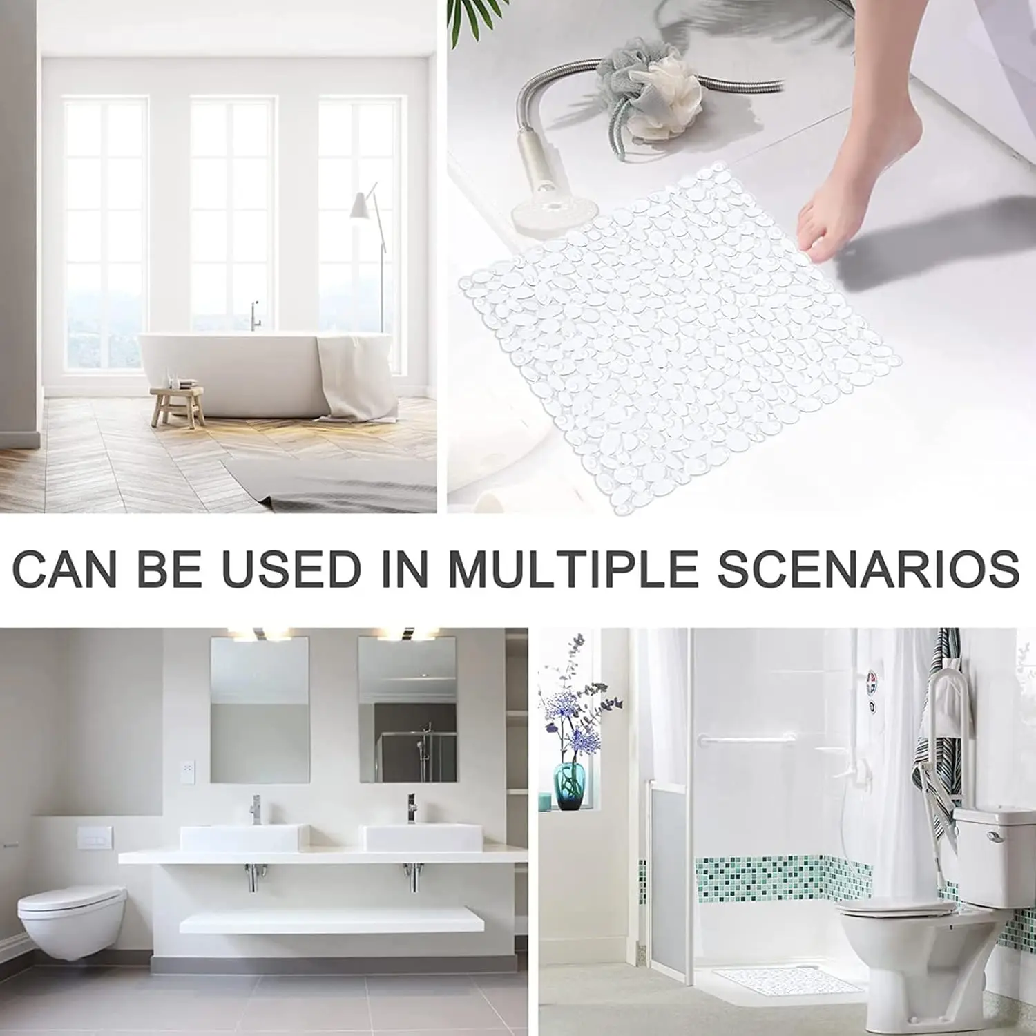 Blue pebble-textured PVC shower mat with suction cups and drain holes.