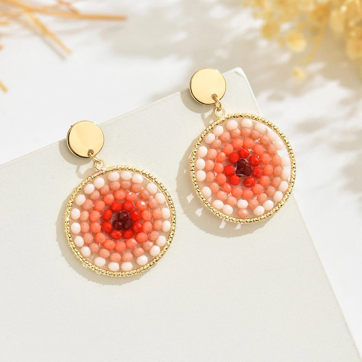 Boho Beaded Gradient Round Earrings, Handmade Women's Pendant Vintage Earrings, Perfect for Everyday Wear and Party Occasions