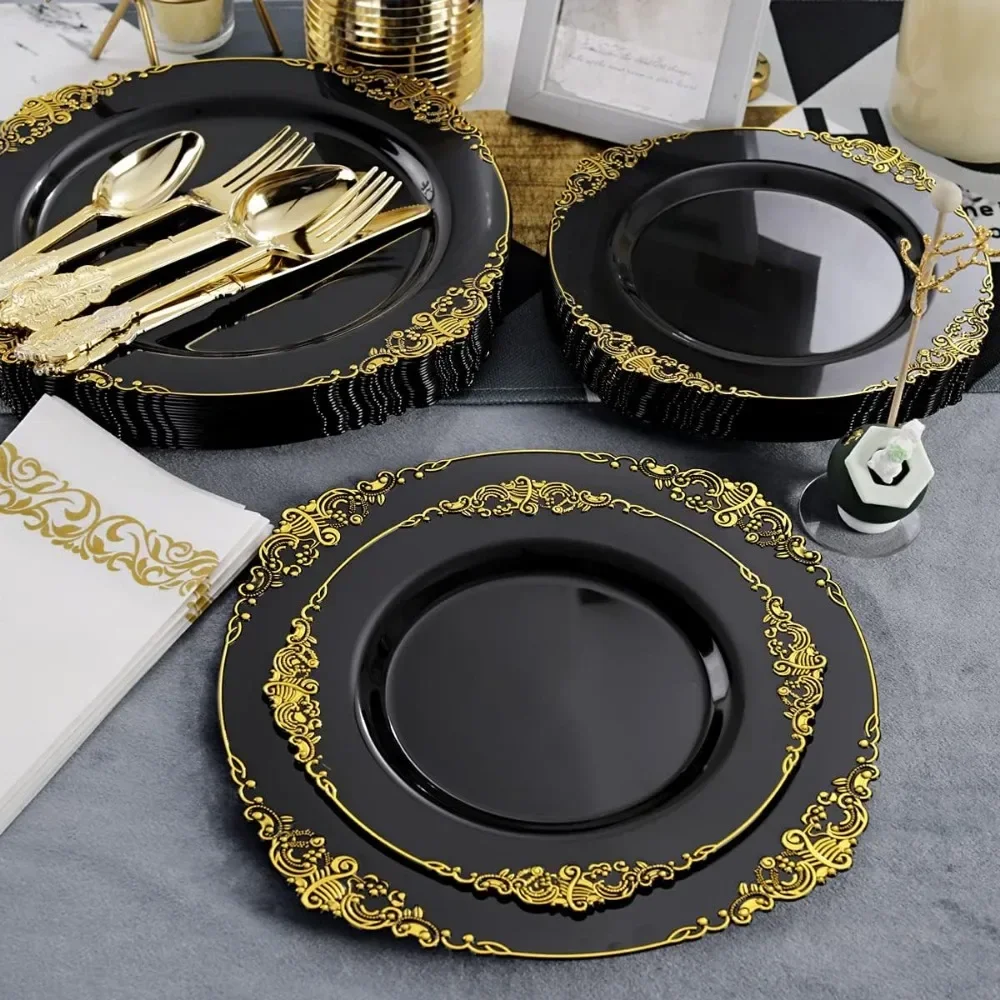350 pieces of black and gold plastic plates with gold plastic silverware, disposable cutlery for weddings and parties
