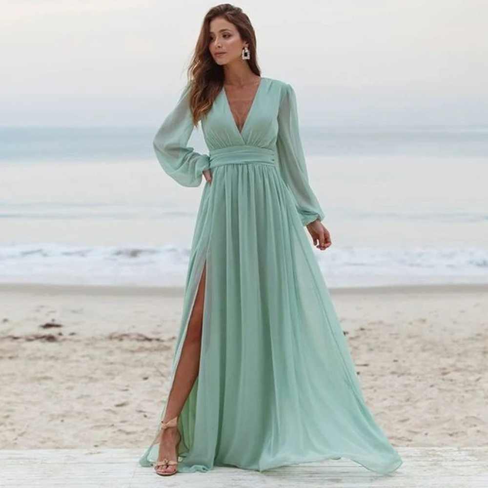 

Colorful V-neck Puff Sleeve Front Side Slit Pleated A Line Bridesmaid Dresses Chiffon Formal Evening Dress Lace Up Party Dress