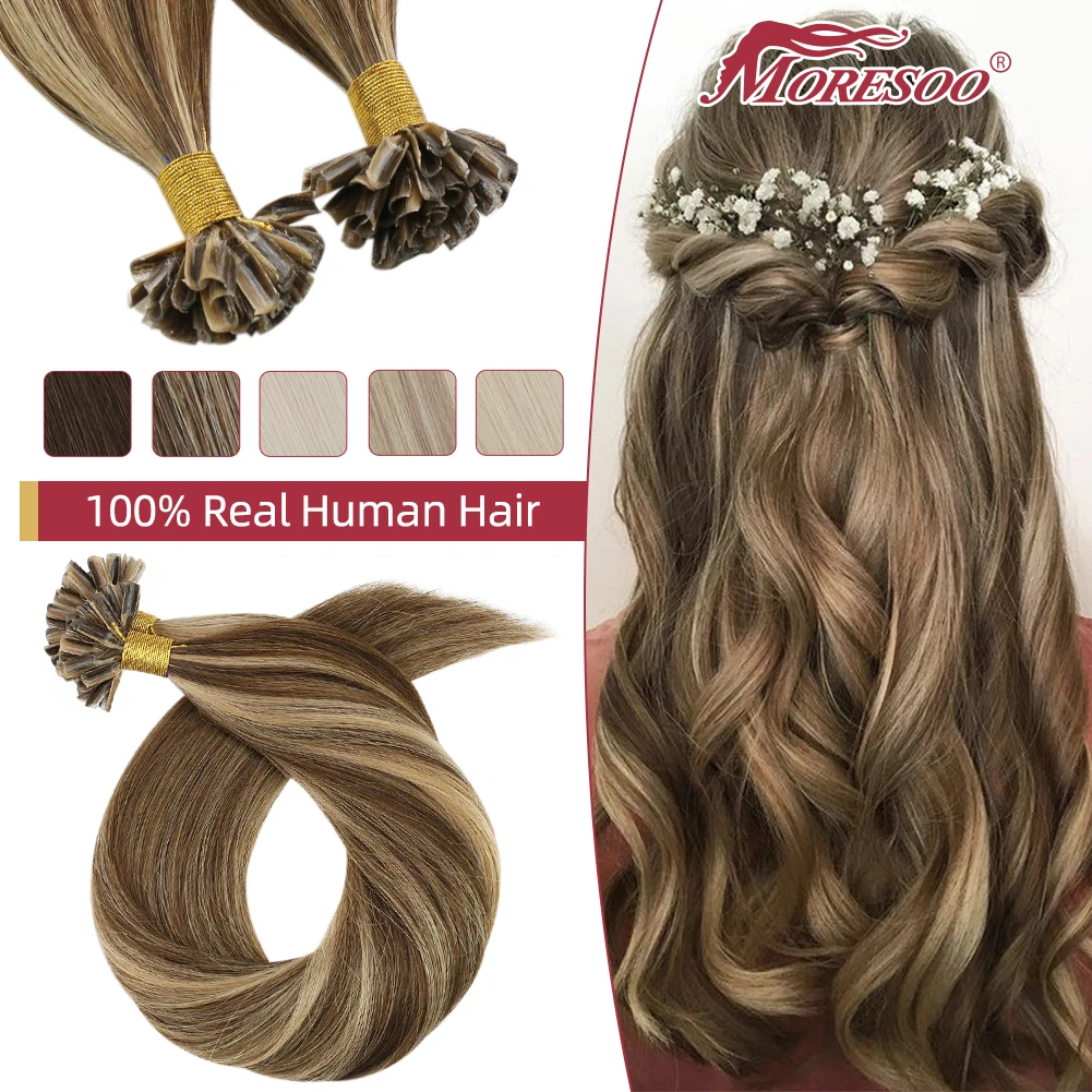 Moresoo Nails Tip Hair Extensions 100% Real Human Hair Brazilian Machine Remy 50G 50S for Women Straight Utip Extensions