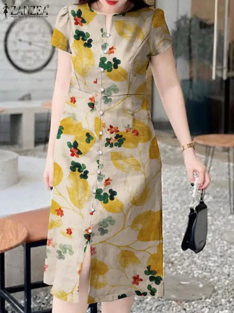

ZANZEA Women Summer Robe Holiday 2024 Bohemian Dress Sweety Short Sleeve Buttons Stitching Vestido Vintage Flower Print Sundress