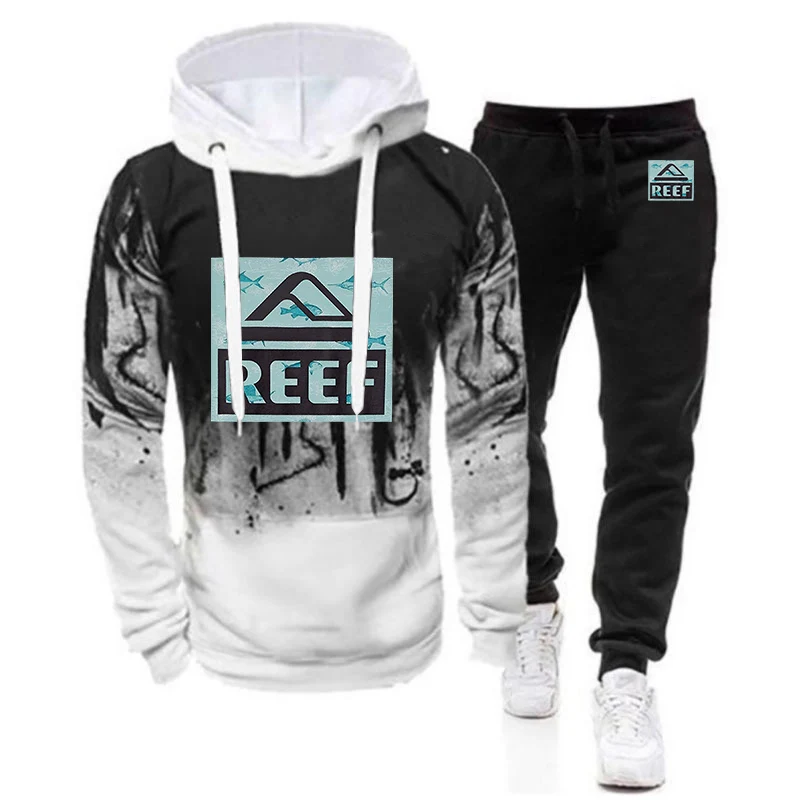 2024 New Men Reef Logo Spring and Autumn Fashion T-shirt Trendy Brand Loose Fit Casual Versatile Hoodies Trousers Gradient Suit 3