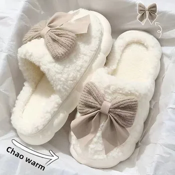 Winter Cute Butterfly Cotton Slippers for Women Non Slip Thick Sole Fluffy Indoor House Shoes Warm Maternity Home Footwear 1