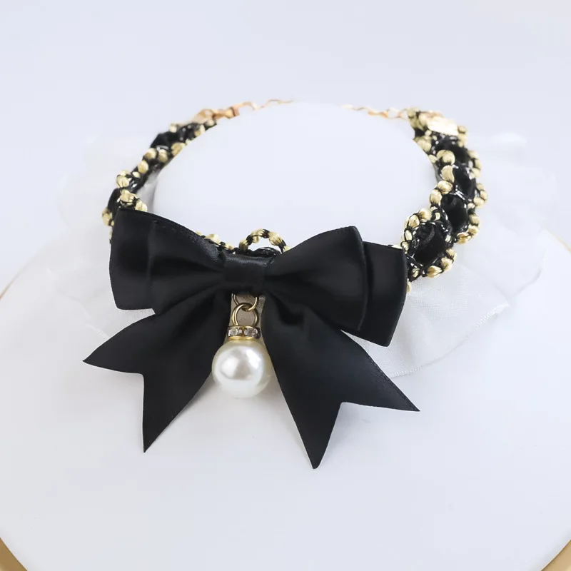 

Pet Lace Bow Pearl Collar Kitten Cat Dog Ornament Retro Elastic Choker Kitten Neck Necklace Pet Cosplay Party Accessories