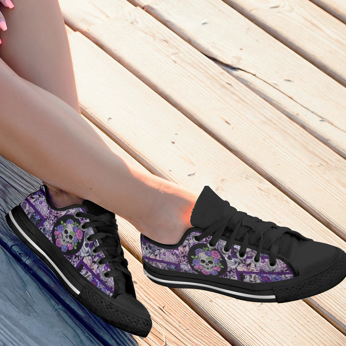 Blue Flower Skull Prints Casual Shoes Women Lace Up Flat Shoes Sneakers Women Fashion Designer Zapatillas Vulcanize Shoes