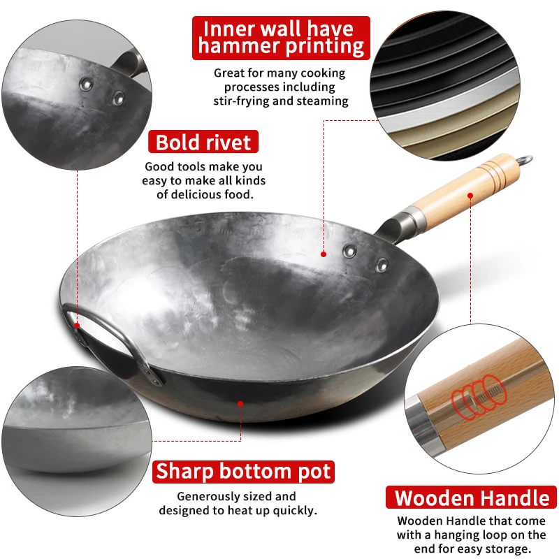 Hand Hammered Wok Pan,Chinese Traditional Cooking Iron Wok With
