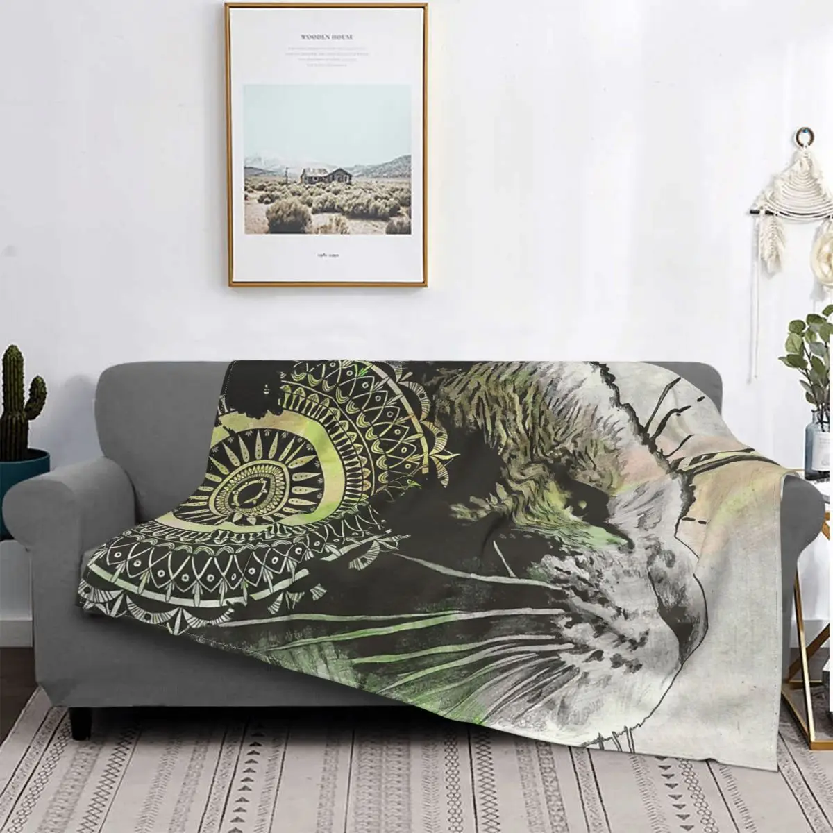 

Animals Art Blanket Fleece Velvet Spring Autumn Cute Lightweight Thin Tides Of Tomorrow Lime Mandala Tabby Cat Portrait Blankets