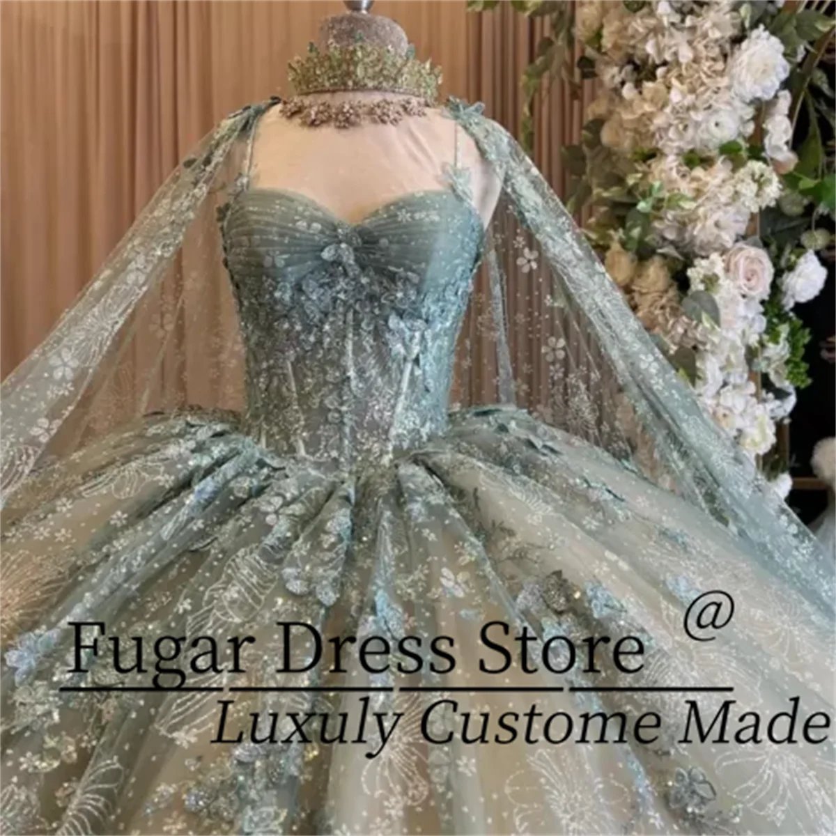 Sage Green Princess Quinceanera Dress Fashion lace Sweetheart Neck Tie Shawl Party Ball Gowns quincea&ntilde;era