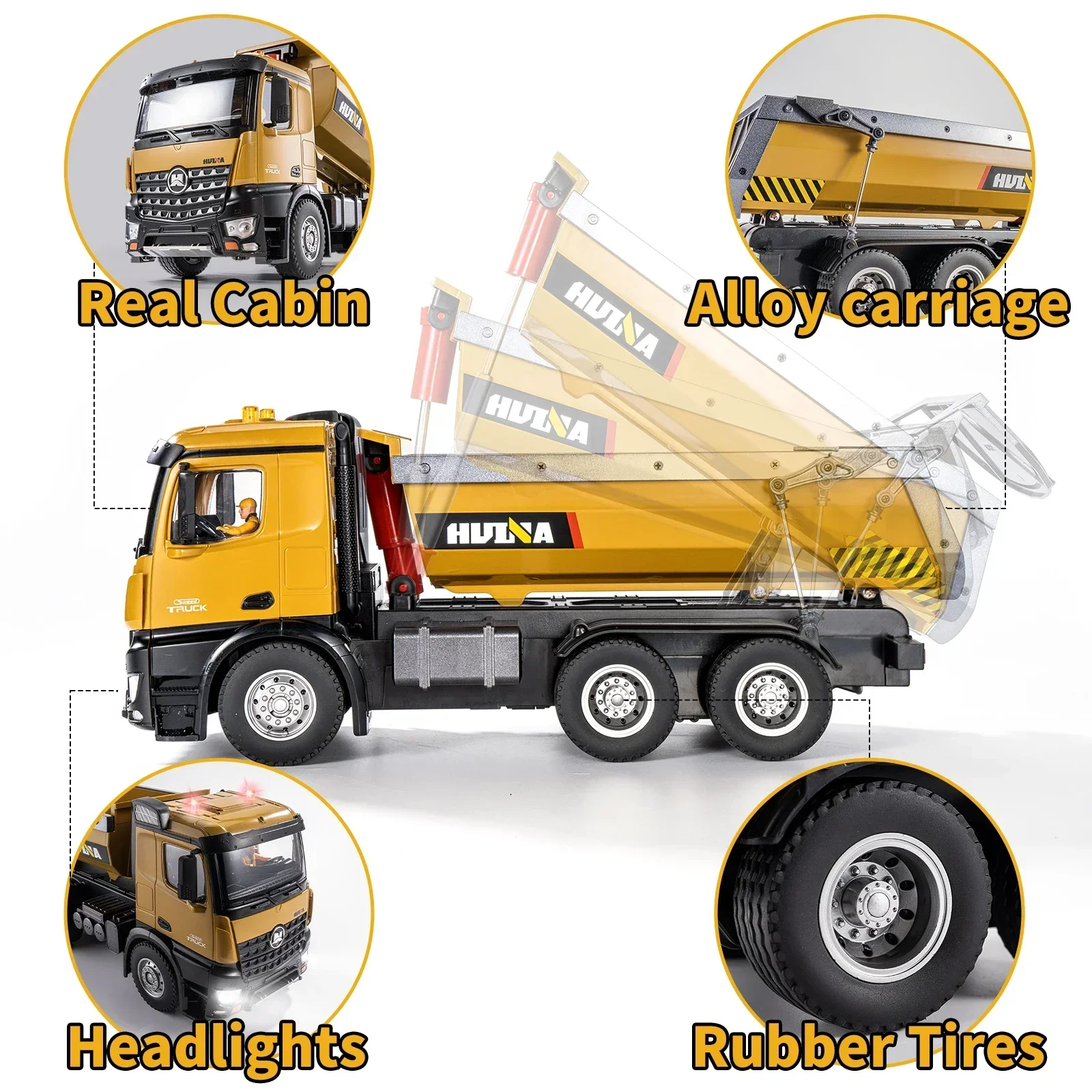 HUINA 1/14 RC Alloy Remote Control Dump Truck 2.4GHZ 10CH Wireless Remote Control Engineering Vehicle Model Boy Children's Toy 4
