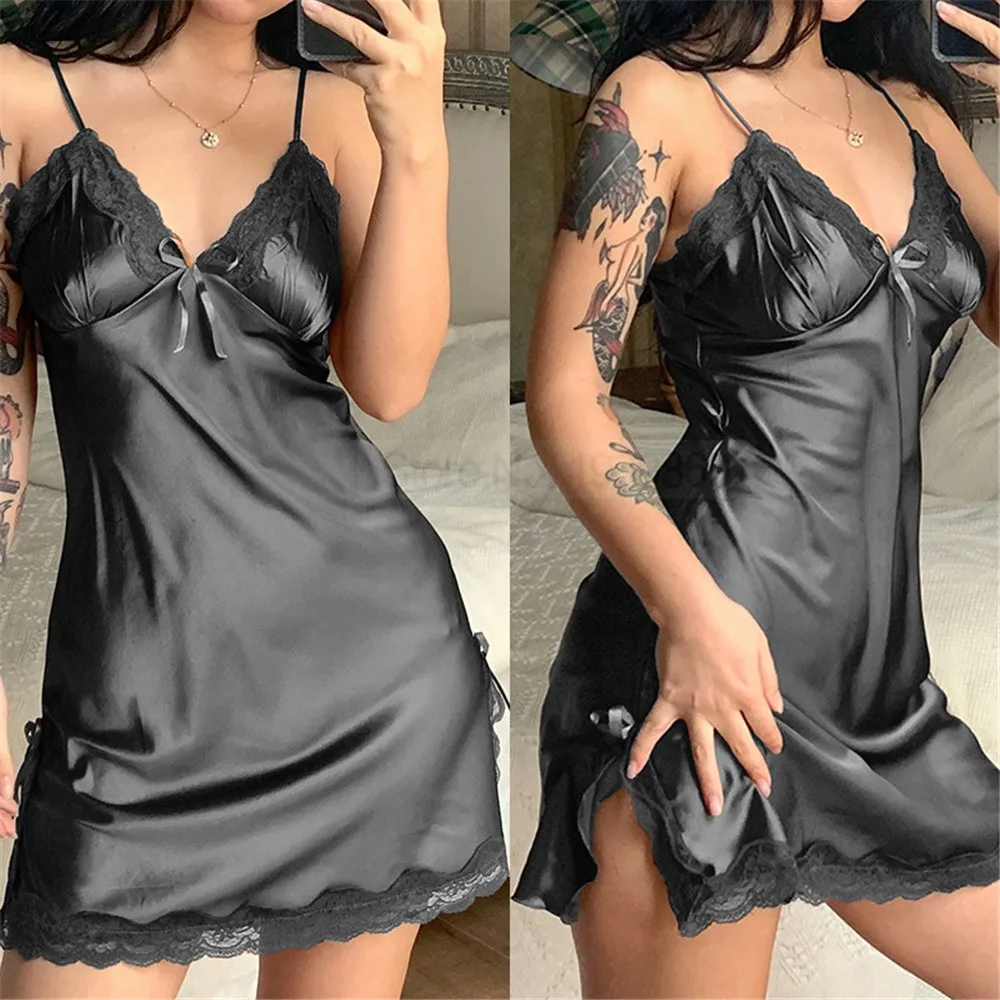 Nachthemd Satin Dame Schlaf Kleid Spitze Patchwork ...->