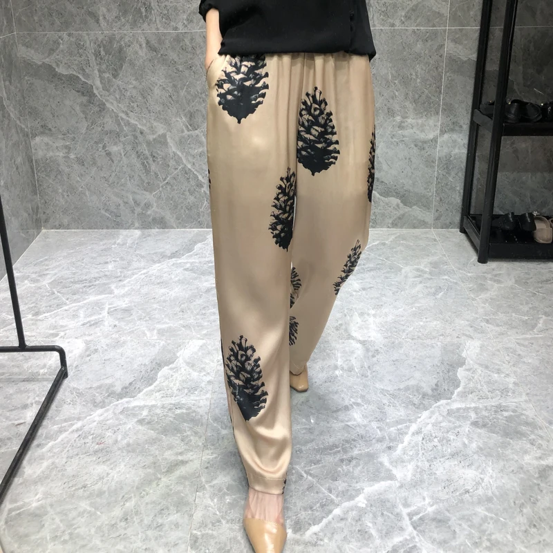 Hong Kong flavor satin silk printed straight pants female temperament trousers loose pants high waist men s clothing summer solid color loose simplicity straight trend high street hong kong breeze fashion casual wide leg trousers