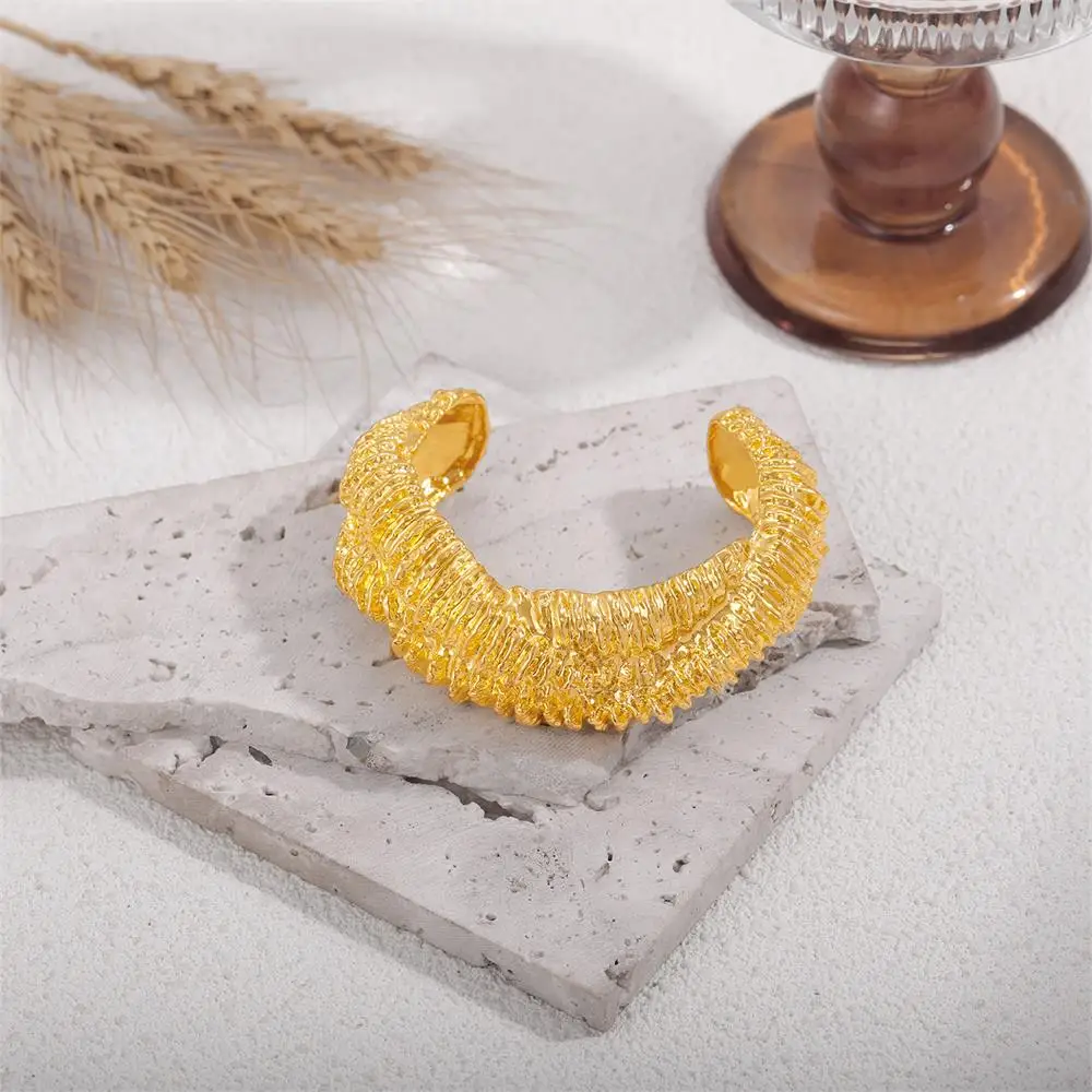 Hip-hop Rock Lava Textured Chunky Opening Bangle Multilayer Metal Twist 18K Gold Plated Waterproof Bracelet Unique Hand Jewelry