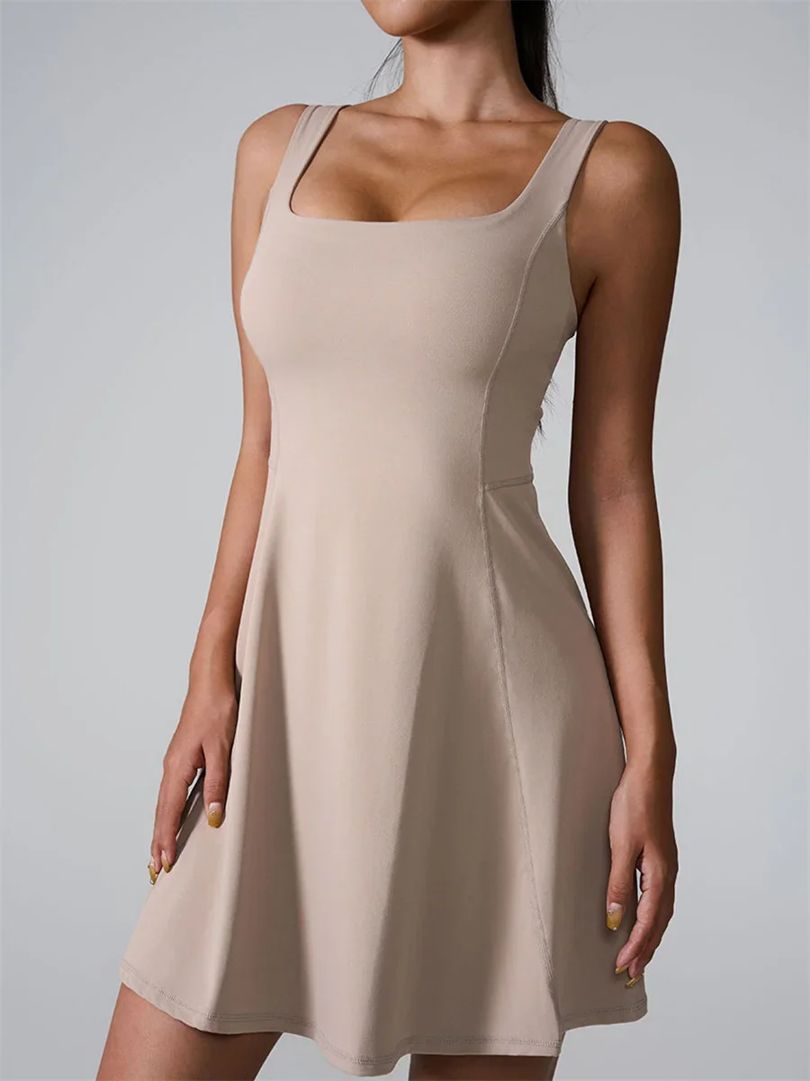 Women Tennis Dress One-Pieces Slim Fit Soft Sports Pocket Skort Yoga Suit Outdoor Sleeveless Fitness Running Pad Fitness Dresses