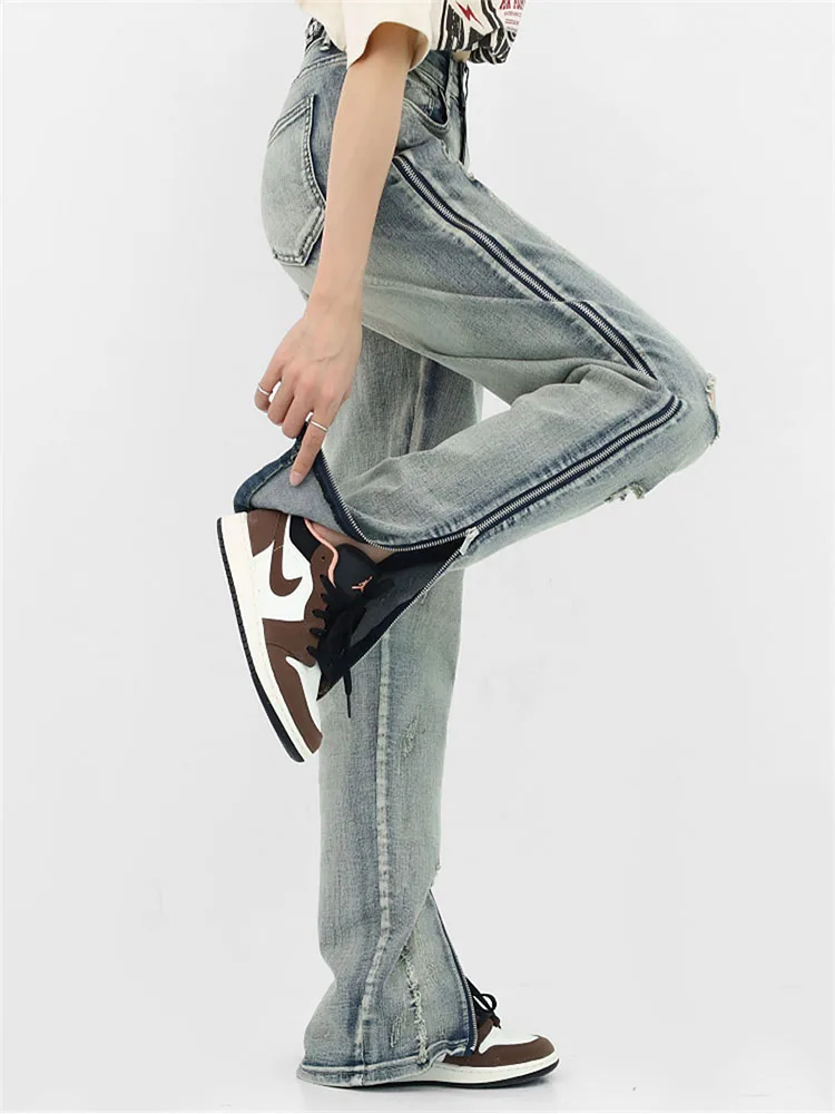 

Casual Ripped Holes Jeans Side Zipper Patchwork High Waist Baggy Straight Pants Y2k Aesthetic Streetwear Women Cotton Trousers
