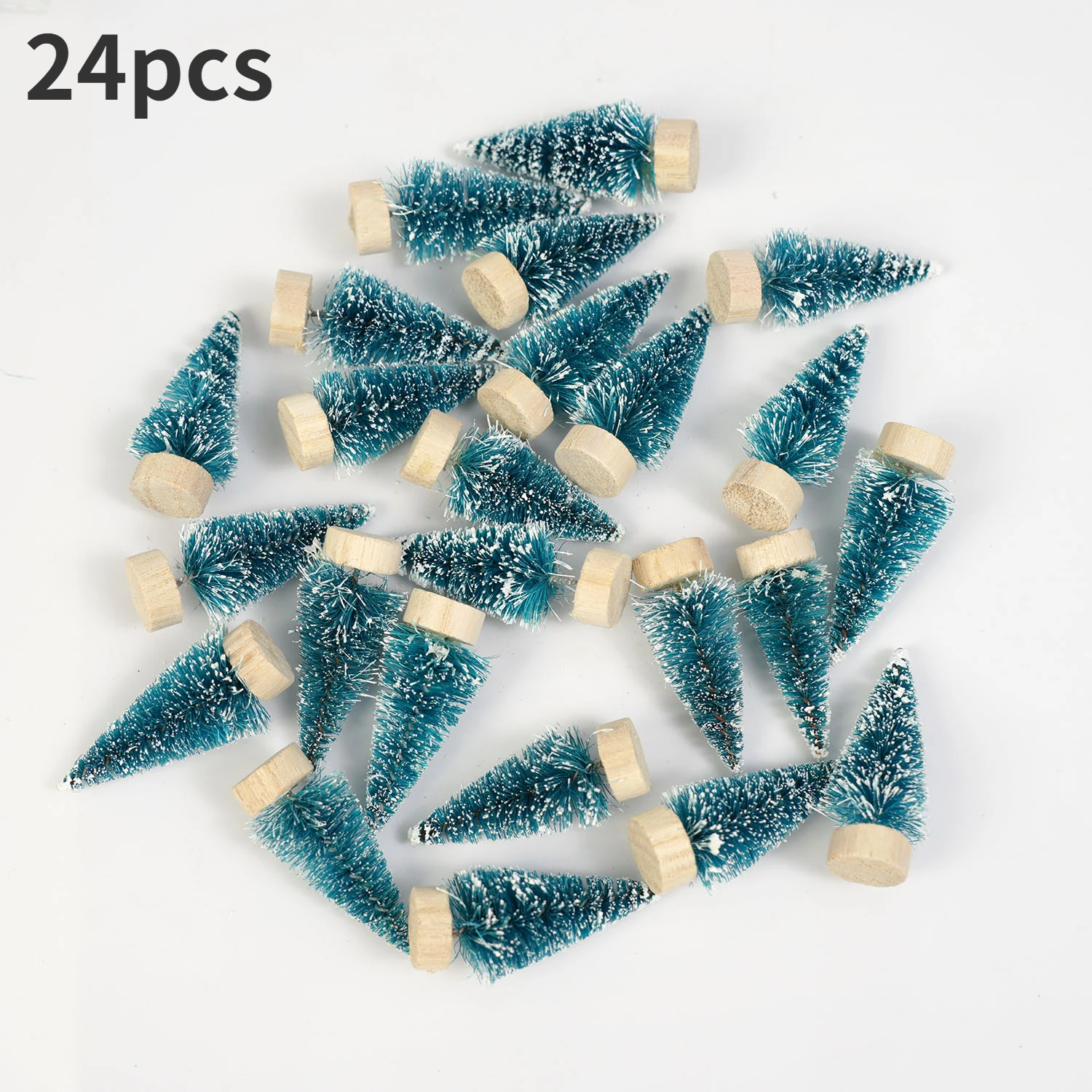 24 pezzi mini alberi artificiali di gelo di neve di sisal di Natale con base in legno alberi di plastica per la decorazione domestica della festa di Natale blu-verde
