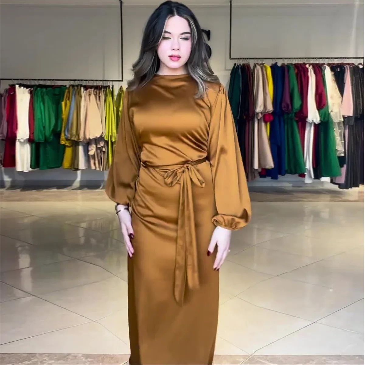 

Elegant Satin Imitation Silk Dress for Women Fashion Slim-fit Lace-up Muslim Abayas Long Sleeve Spring Autumn Evening Party Gown