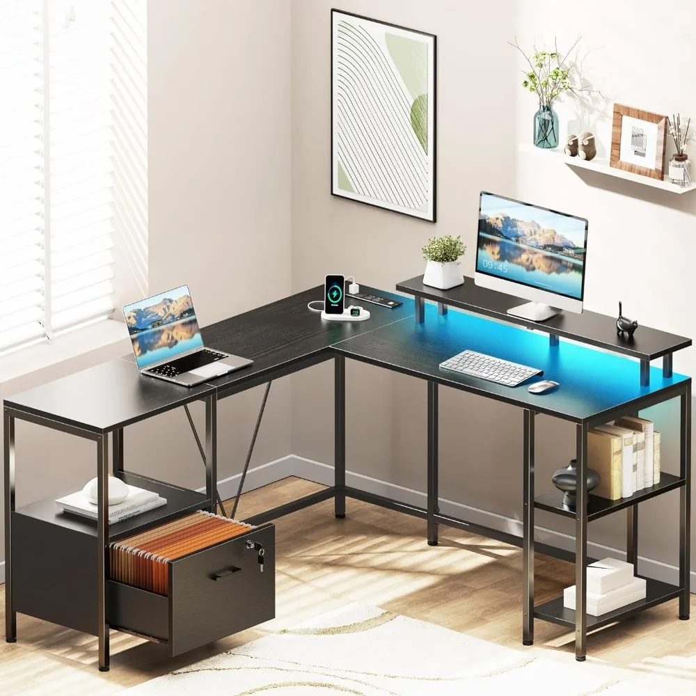 L-shaped computer desk with power socket and LED light, double-sided computer desk with filing cabinet and storage rack