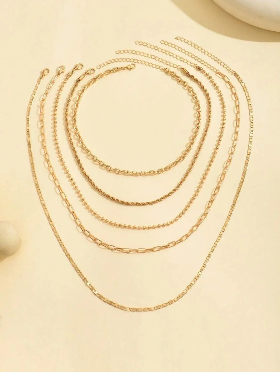 5pcs/Set Simple Braided Bead Chain Necklaces Gold Tone Layered Pendant Necklace Set For Women Daily And Party Wear