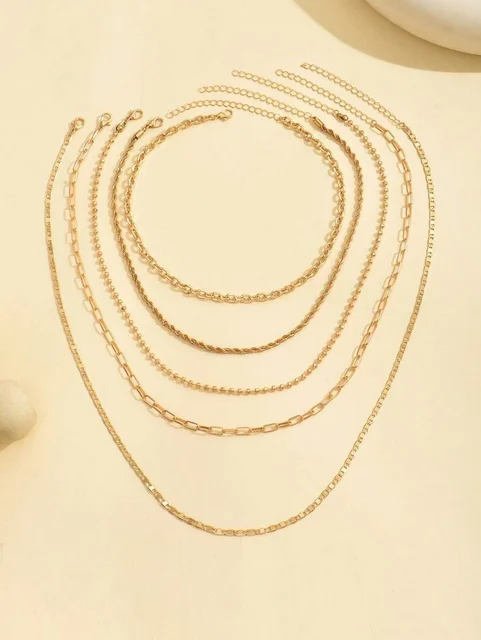 Colliers en chaîne de perles tressées simples, ton or, ensemble de colliers avec pendentif superposé pour femmes, usage quotidien et de fête, 5 pièces/ensemble