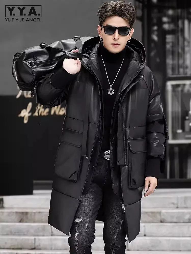 

Luxury Business Men Winter Work Long Trench Loose Fit Warm Down Coat Cowhide Genuine Leather Jacket Hooded Outwear Overcoat 5XL