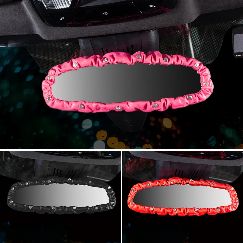 Universal Car Rearview Mirror Cover Elastic Leather Crystal Rear View ...