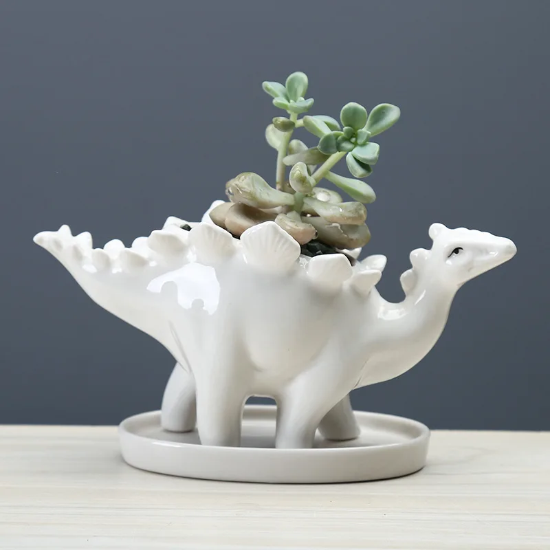 

Ceramic Stegosaurus Garden Pot with Tray, Creative Dinosaur Statue Planter for Succulents Flower Pot, Home Desktop Decoration